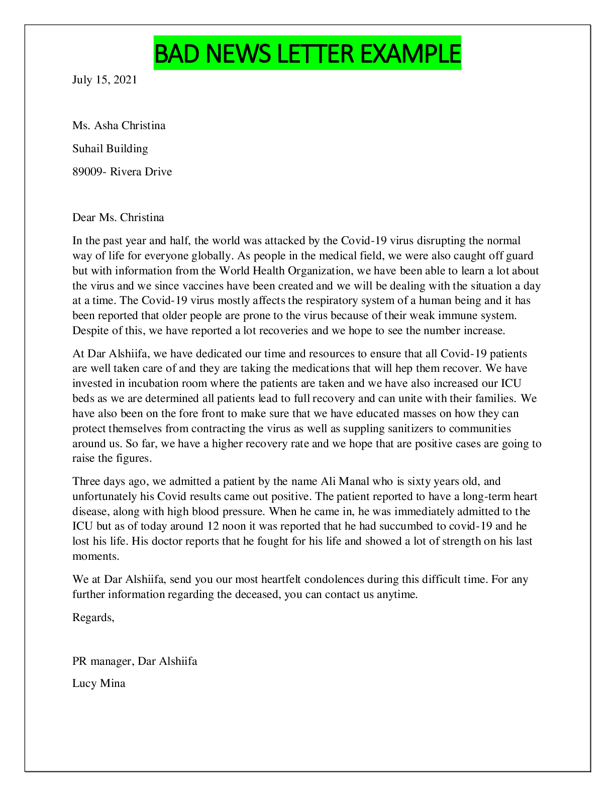 Preview image for BAD NEWS LETTER EXAMPLE